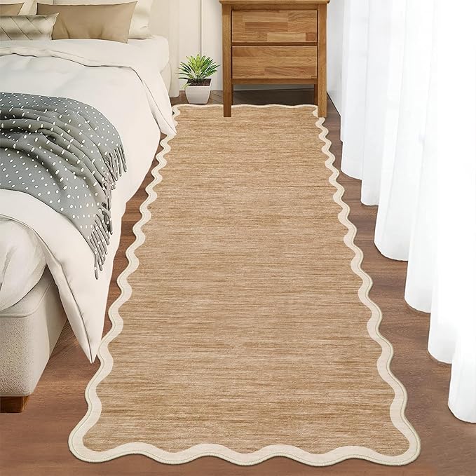 GarveeHome Scalloped Washable Runner Rug 2'6'' x 10' Runner Non Slip Kitchen Rugs Modern Entryway Rug Farmhouse Soft Bathroom Rugs Stain Resistant Carpet for Hallway Laundry Bedroom