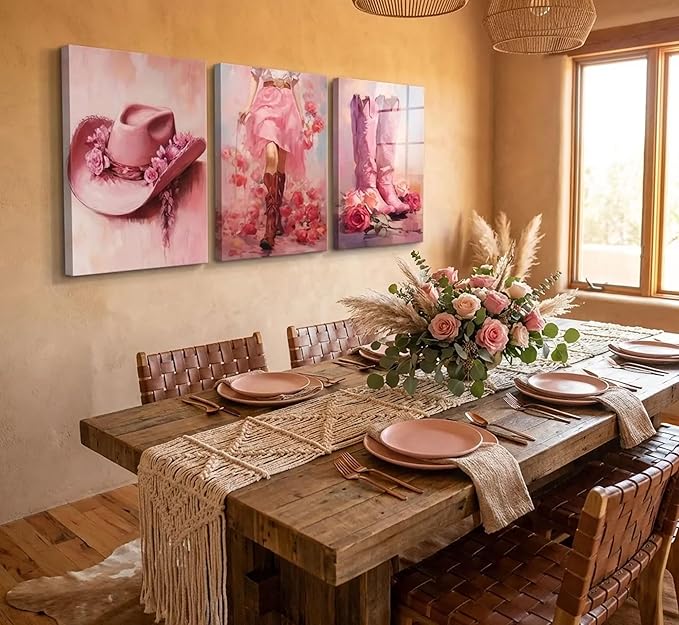 3Pcs Pink Cowgirl Canvas Wall Art Funky Cowgirl Boots Pictures Wall Decor Western Flower Boots Hat Aesthetic Posters Prints Paintings for Preppy Room Bedroom Apartment Decoration Prepare to hang