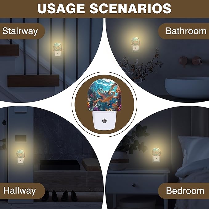 Night Lights Plug into Wall Sea Turtle Swimming in Ocean Night Light Dusk to Dawn Smart Sensor Decorative Round Led Lamp for Bedroom Kitchen Hallway Nightlight for Women Men