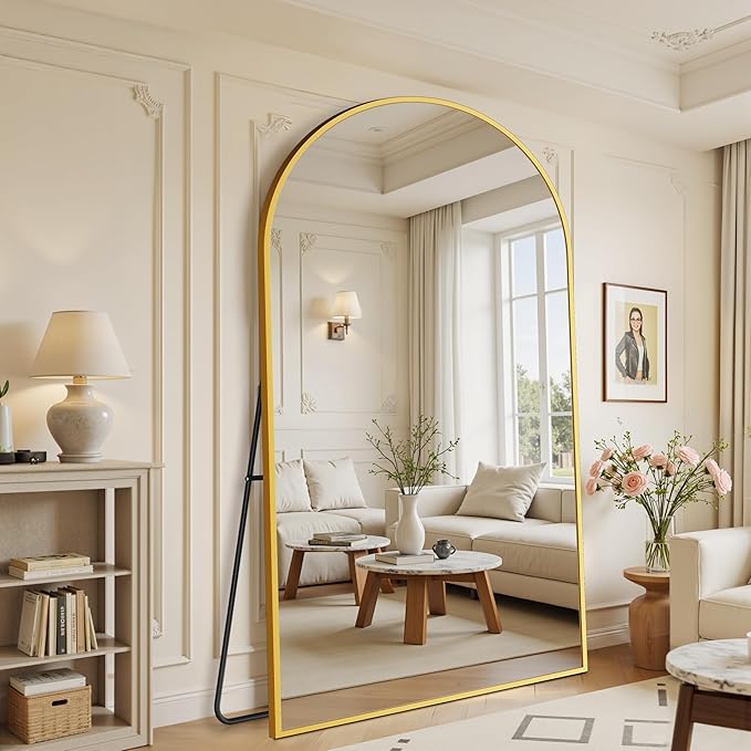 Suidia 88"x44" Arched Full Length Mirror with Stand, Full Body Mirror with Aluminum Frame, Freestanding/Leaning/Wall-Mounted, Floor Mirrors for Bedroom, Living Room, Entryway, Dressing Room, Gold