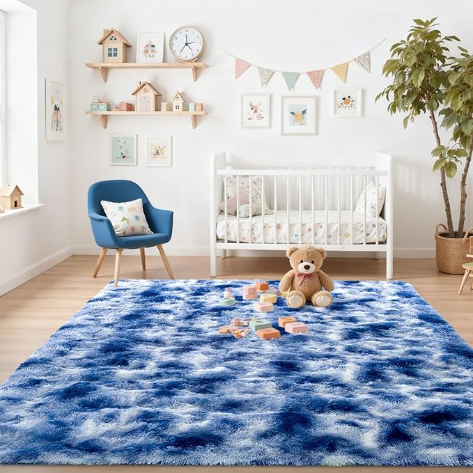 Fuzzy Blue White Rug for Bedroom Soft Fluffy 4x6 ft Living Room Rug Non-Slip Area Rugs Shag Carpet for Nursery Kids Play Room Dorm Office Indoor Modern Plush Carpets