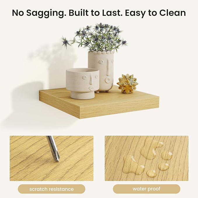 Fun Memories Rustic Wood Floating Shelves for Wall, Space-Saving Wall Mounted Shelves for Bathroom, Bedroom, Living Room and Kitchen, Stylish Storage & Display (Set of 3, Oak, 12 in)