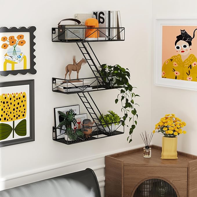 Fire Escape Shelf - 3 Tier Black Fire Escape Wall Shelves with Basket Wall Organizer, New York Metal Decorative Shelves, DIY Floating Action Figurine Display Shelf for Bedroom