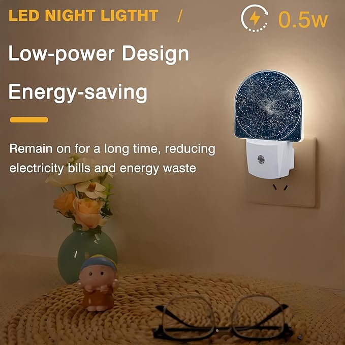 Night Lights Plug into Wall Star Map with Constellations Night Light Dusk to Dawn Smart Sensor Decorative Round Led Lamp for Bedroom Kitchen Hallway Nightlight for Women Men