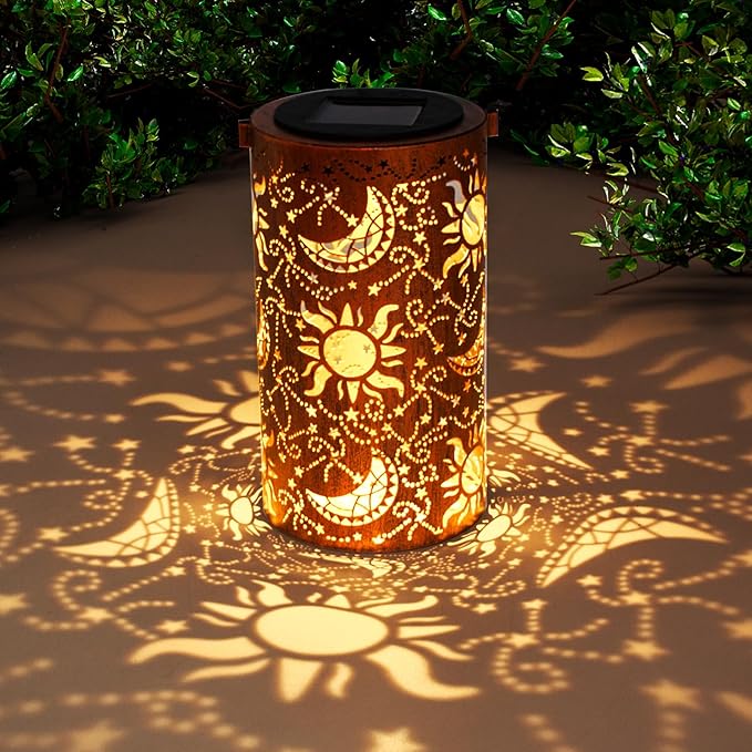DIBIEECN Mothers Day Gifts for Mom, Birthday Gifts Grandma Ladies Solar Lanterns Outdoor Hanging Hollowed-Out Metal Waterproof LED Garden Decor Outside for Patio Yard Porch, Sun and Moon, 1 Pack