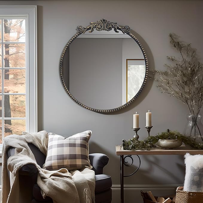Round Mirror, 28''Baroque Style Circle Mirror Vintage Black Metal Frame Wall Mirrors for Vanity, Bathroom or Bedroom