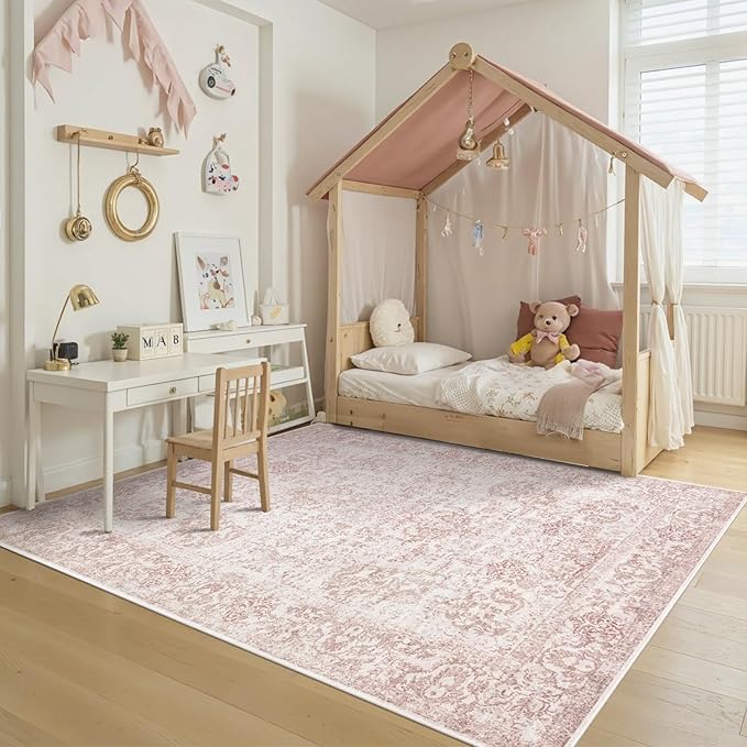 Rugxara 5x7 Washable Area Rug for Living Room & Bedroom, Large Light Pink Rugs for Women, Non Slip, Durable Low Pile Carpet, Vintage Carpets for Office, Dining Room, Kids Room and Farmhouse