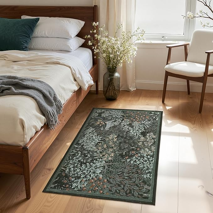 GarveeHome 2x3 Entryway Area Rug Non Slip Front Door Forest Rugs, Washable Indoor Kitchen Floor Mat Soft Low-Pile Stain Resistance Woodland Rug for Farmhouse Bedroom, Black Green