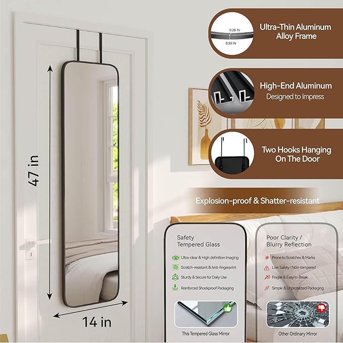 NARCISSUS 47x14 Mirror Door Hanging Full Length,Over Door or Wall Mounted Aluminum Alloy Frame Tempered Glass Rectangle Full Body Mirrors for Bedroom Dressing Living Room Bathroom 47 inch Black