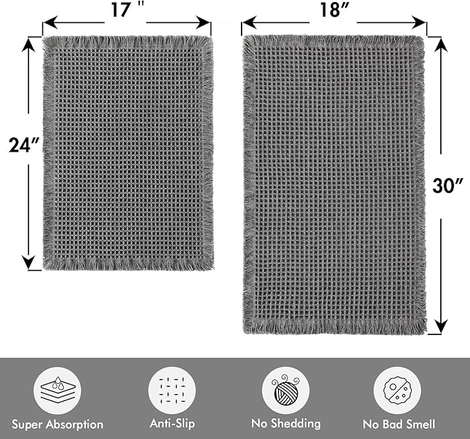 MIULEE Set of 2 Waffle Bathroom Rugs, Boho Bath Rugs Non Slip Washable, Super Absorbent Bath Mats, Ultra Soft Rubber Backed Shower Mats for Bathroom Floor, Tub, Dark Grey, 17"x24"+18"x30"