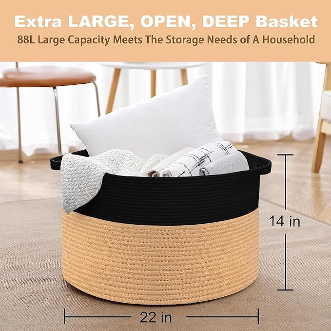 MEGASKET Extra Large Storage Basket, 22" X 14" Blanket Storage for Living Room, Decorative Kids Dog Toy Bin Box, Big Woven Cotton Rope Baskets for Organizing, Farmhouse Blanket Pillow Holder Organizer