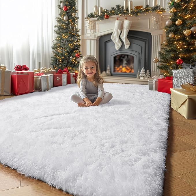 Amdrebio White Area Rugs for Bedroom, Shag Fluffy Rug for Living Room, Modern Furry Shaggy Throw Rug for Kids Room, Teen Girls, Dorm, Baby Nursery, Cute Fuzzy Fur White Carpet, 4x6 Rug, Home Decor