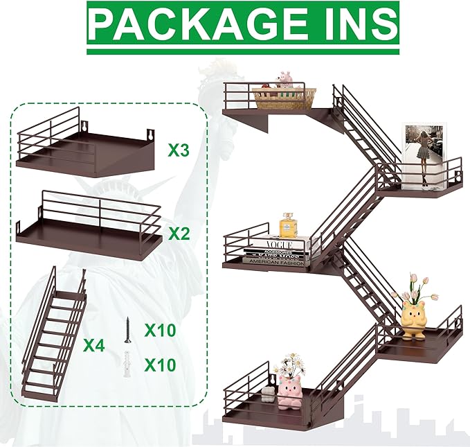 Fire Escape Shelf - 5 Tier Large Coffee Metal Fire Escape Wall Shelves with Baskets, New York Action Figurine Display Shelf, Unique Rustic Floating Decorative Wall Shelves for Home