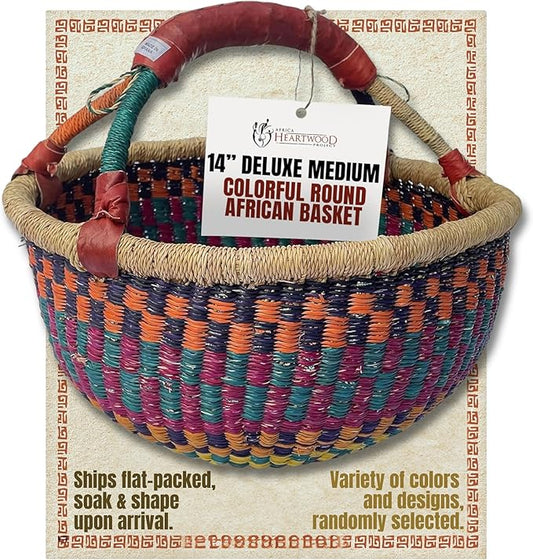 Africa Heartwood Project - Deluxe Colorful African Basket with Leather Handle - Handmade from dried Elephant Grass, Hand-Woven by Women in Bolgatanga, Ghana - Medium 14" Round Flat-packed