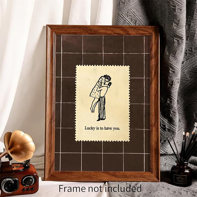 WIUHIO Brown Mid-Century Couples Wall Art Valentine Quotes Lucky Is to Have You Poster Vintage Romantic Anniversary Canvas Prints Modern Love Wall Decor for Bed Living Room 16X24 inch Unframed