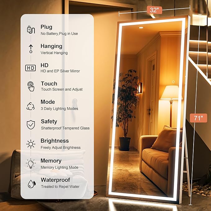71" x 32" Full Length Mirror with Lights, LED Lighted Floor Standing Body Mirror, Dimmable & 3 Color Lighting for Bedroom, Cloakroom, Dressing Room, Tempered Glass, White Frame