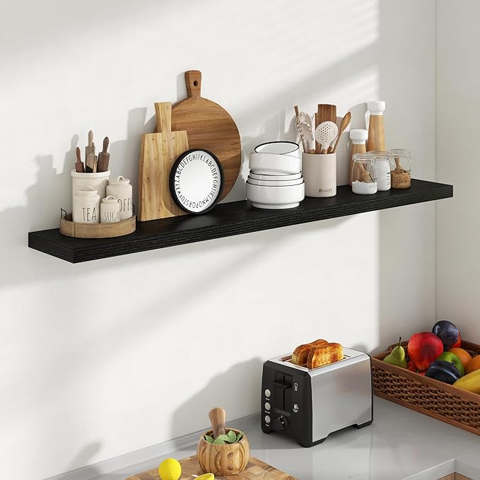 Acovy 55 Inch Floating Shelves, 8 Inch Deep Floating Shelves for Wall, Hanging Shelf with Invisible Brackets, Deep Shelves for Bathroom, Bedroom, Living Room, Black, Set of 1