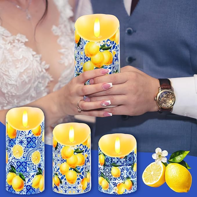 3 Pcs Capri Blue White Lemon Flameless Candles Battery Operated LED Mediterranean Blue White Flickering Pillar Blue Tiles Lemon Printed Faux Candle for Capri Party Wedding Home Party