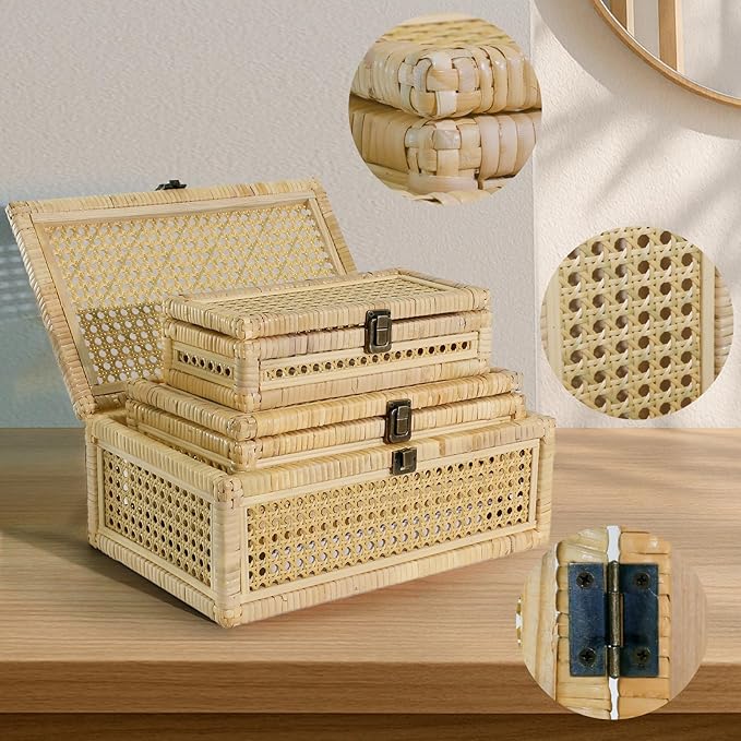 Boho Rattan Display Boxes with Rattan Lids, 3 Pcs Large Natural Handwoven Cane Basket, Home Decor Organizers Storage Bins, Natural Finish Display Boxes