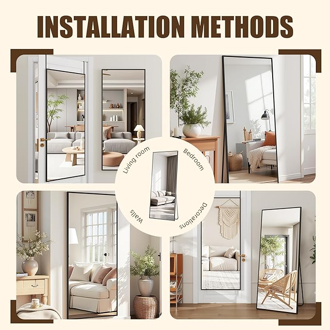Antok Over The Door Mirror Full Length, 58'' x 21''Wall Mounted Hanging Mirror, Aluminum Alloy Frame, Shatterproof Glass, No Drill Installation for Bedroom, Closet, Bathroom, Dorm, Rect Corner,Black