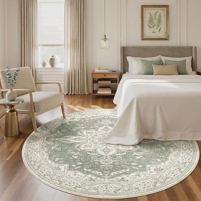 GENIMO 5FT Round Area Rugs for Living Room, Circle Rugs Machine Washable Low Pile, Chenille Non Slip Vintage Rug for Bedroom, Dining Room, Home Office, Sage & Linen