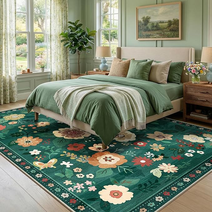 RELEANY Floral Nursery 6x9 Area Rugs Washable Print Boho Cute Carpet Non Slip Flower Low Pile for Living Room Kids Girls Playroom Bedroom Kitchen Office Farmhouse-Dark Green