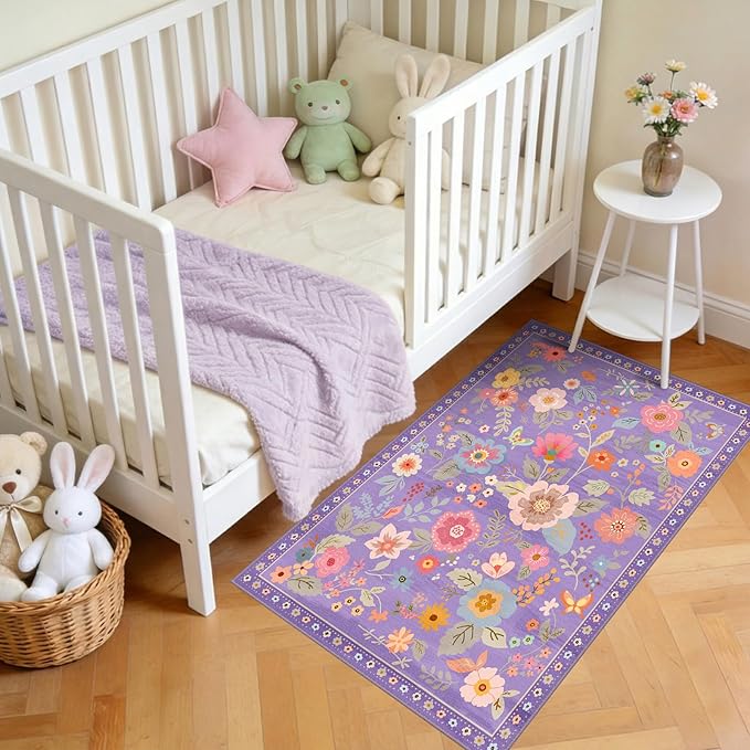 RELEANY Floral Nursery 2x4 Area Rugs Washable Print Boho Cute Carpet Non Slip Flower Low Pile for Living Room Kids Girls Playroom Bedroom Kitchen Office Farmhouse-Purple/Pink/Multi