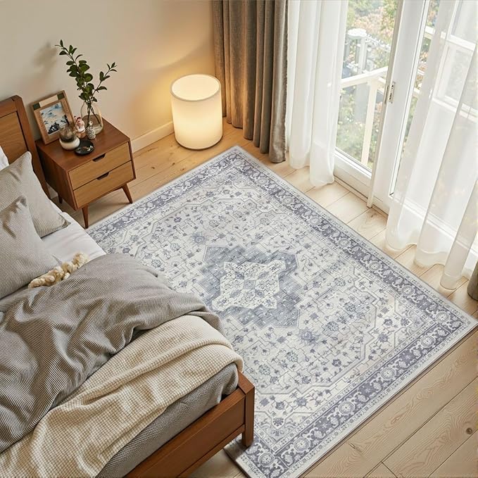 Rugxara 3x5 Washable Entryway Rug, Non Slip Boho Runner Rugs for Hallway, Entrance, Kitchen, Bathroom, Laundry Room, Soft Entryway Carpet, Throw Low Pile Retro Imitation Wool Carpet, Blue