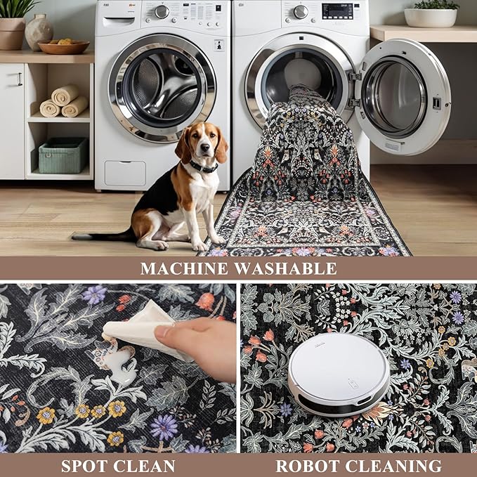 2x3 Entryway Rug Washable Non-Slip - Soft Low Pile Botanical Small Area Rug for Kitchen Bedroom - Boho Floral Indoor Door Mat with Rubber Backing (Vibrant Black, 2x3)