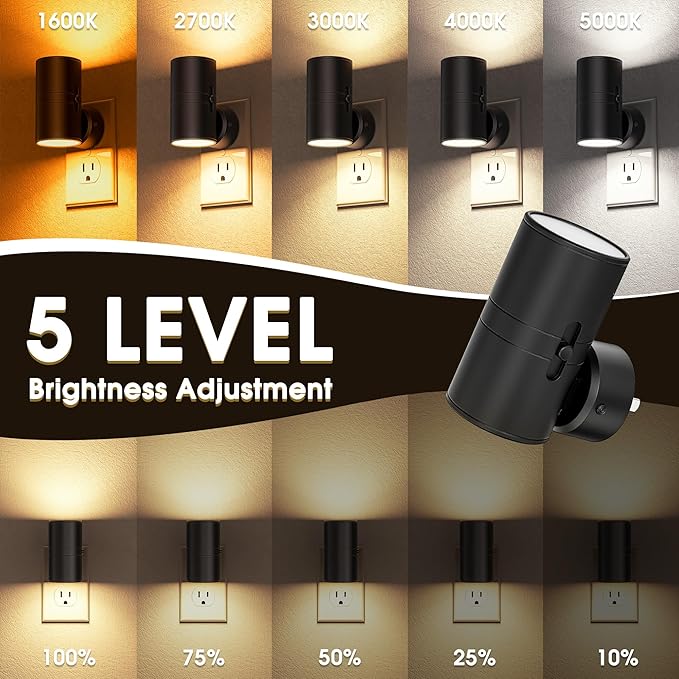 Briignite Night Lights Plug into Wall, 5CCT LED Night Light Plug in, Dusk to Dawn Sensor, 330° Swivel Plug, 0-100LM Adjustable Brightness, Dimmable NightLight for Hallway, Bedroom, Stairway, 2 Pack