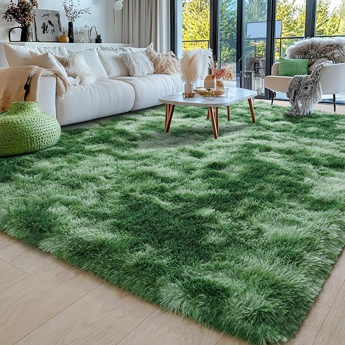 Area Rugs 9x12 for Living Room, Ultra Soft Fluffy Rugs for Bedroom, Non-Slip Furry Large Rug for Teen Girls and Boys,Nursery Kids Room Dorm Home Decor, High Pile Plush Floor Carpet, Tie-Dyed Green