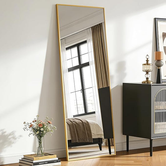 Antok Full Length Mirror, 58"x19" Floor Mirror with Stand, Hanging Mounted Mirrors for Bedroom, Living Room, Cloakroom, Dining Room, Gold, Rect