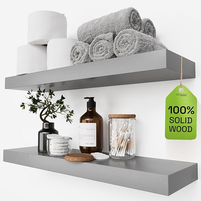 BAOBAB WORKSHOP Wood Floating Shelves for Wall - Rustic Shelf 24 inch - Grey Bathroom Shelves - Solid Wood Shelves for Wall for Bedroom Kitchen Living Room - Gray Finish - 24 x 6.7 Inch, Set of 2