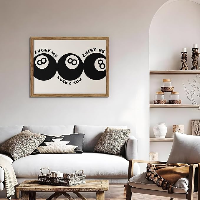 Trendy Black 8 Ball Wall Art, Funny Lucky You Y2k Canvas Wall Decor Painting, Funky Cool Billiards Posters Prints Pictures for Living Room Bedroom Apartment Dorm Room Decor 16x24 Inch Wood Framed