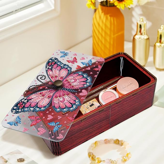 Diamond Art Painting Storage Box Kit, DIY Rectangular Wooden Decorative Container Holder with Lid, Snack Jewelry Gem Art Organizer Case for Adults (Butterfly)
