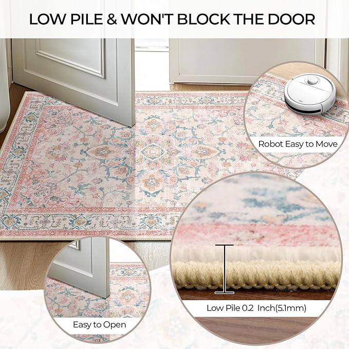 CAPALOCA Machine Washable Rugs Nursery Rug 2x6 Cute Girl Non Slip Low Pile Water Repellent Soft Print Pattern for Bedroom Indoor Decor Kids Playroom Pink Teal