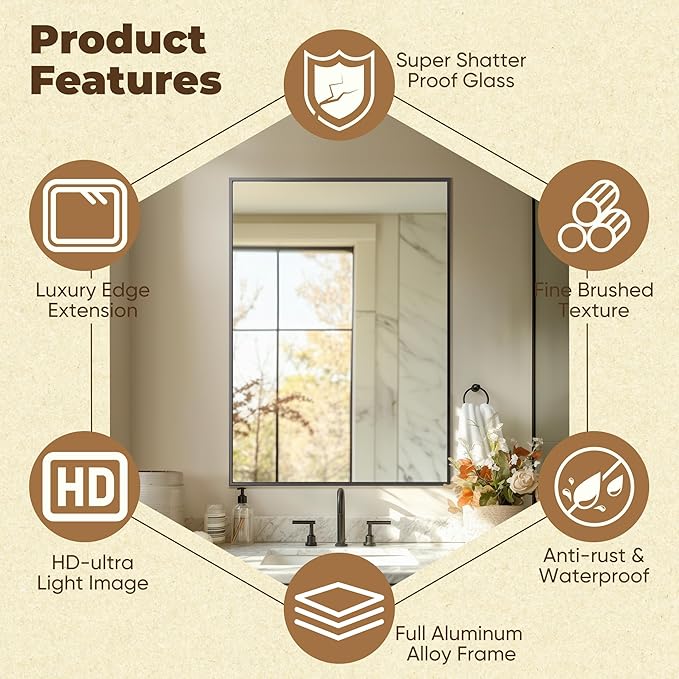 Antok 40x30 Black Metal Framed Bathroom Mirror, Wall Mirror with Rect Corners, Vanity Mirror for Over Sink, Anti-Rust Tempered Glass, Horizontal/Vertical Hanging for Bathroom, Living Room, Entryway