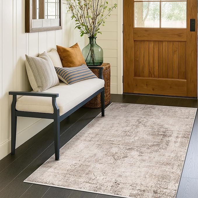 Washable 4x6 Area Rug for Entryway Indoor, Living Room, Kitchen, Bedroom Bedside - Stain-Resistant Non-Slip with Rubber Backing, Unique Floral Aesthetic Décor, Light Brown & Beige