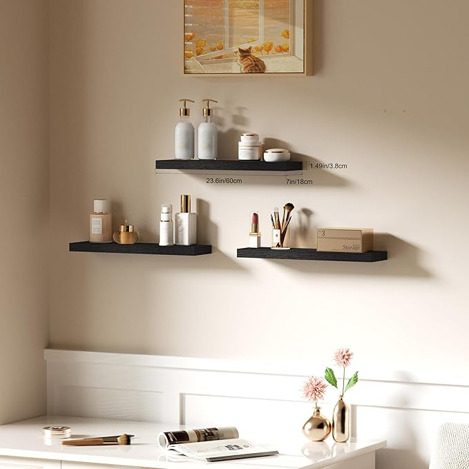 Floating Shelves for Wall, Bathroom Shelves Over Toilet, Wall Shelves & Book Shelf for Room, Hanging Shelf, Modern Wooden Mounted Floating Shelves, 24x7x1.5 in (Black, Set of 3)