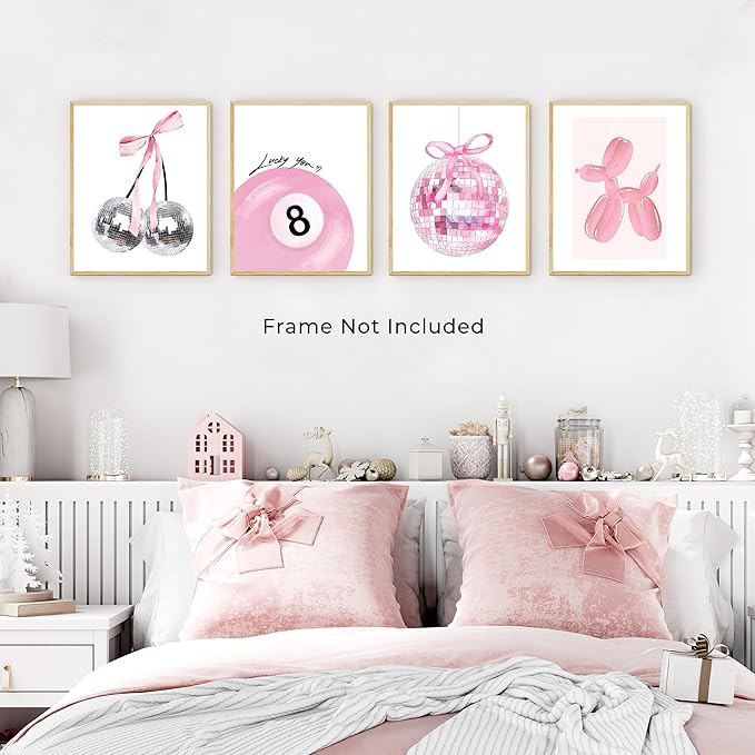 Coquette Room Decor, Preppy Aesthetic Posters for Room, Pink Disco 8 Ball Wall Art Prints, Trendy Cute Teen Girls College Dorm Bedroom TikTok Lucky Cherry Wall Posters, 8 x 10 Unframed, Set of 6
