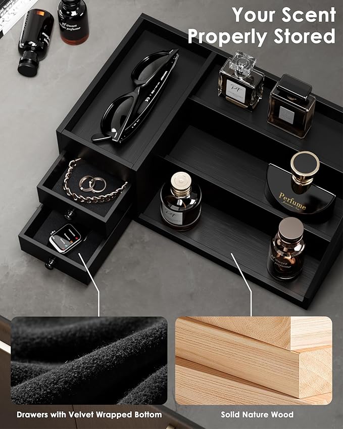 ProCase Wooden Cologne Organizer for Men, 3-Tier Elevated Wood Perfume Storage Display Shelf with Drawers, Dresser Storage Stand Riser for Fragrance Skin Care, Gift for Boys Men Dad Husband -Black