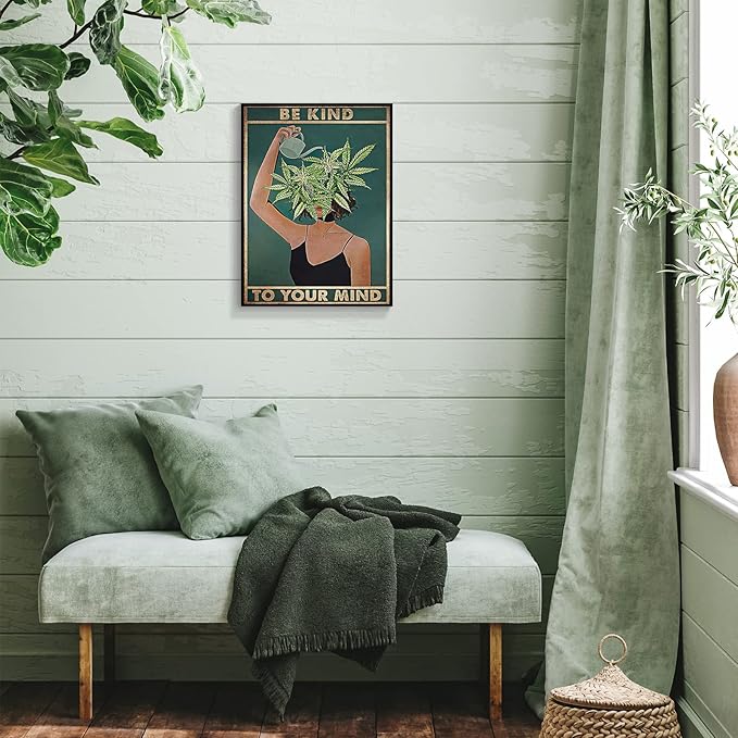 Framed Art Vintage Be Kind To Your Mind Poster Mental Health Quote Canvas Wall Art Cool Poster Unique Green Plant Girl Print Painting Retro Home Wall Decor Picture for Women Bedroom 16x24in