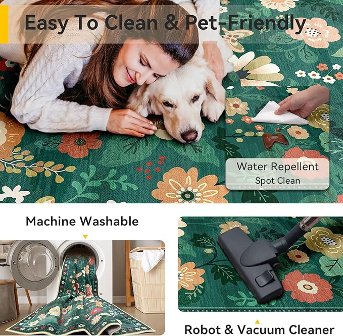 RELEANY Floral Nursery 6x9 Area Rugs Washable Print Boho Cute Carpet Non Slip Flower Low Pile for Living Room Kids Girls Playroom Bedroom Kitchen Office Farmhouse-Dark Green