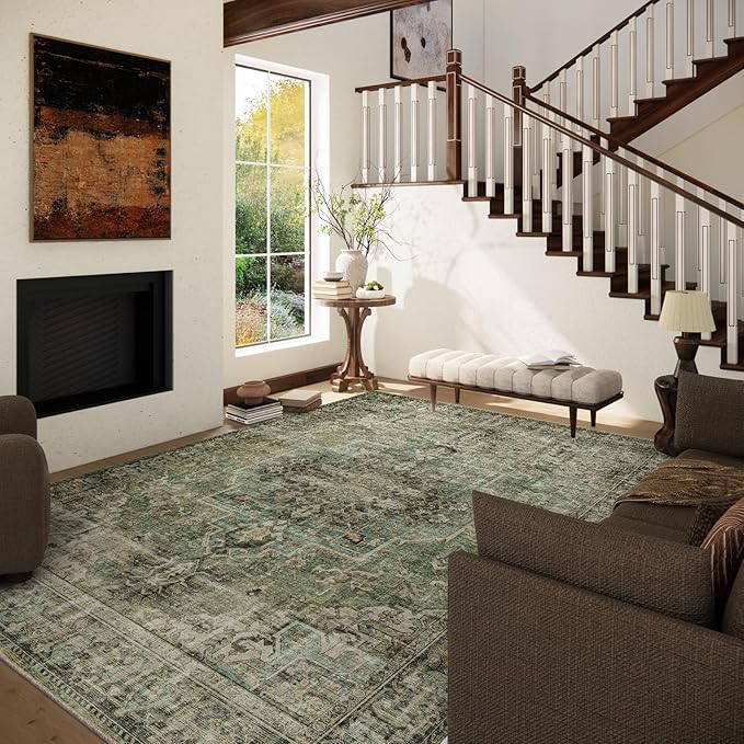 palohom 10x12 Area Rug Washable Rugs: Large Living Room Rug Stain Resistant Non Slip Distressed Vintage Low Pile Faux Wool Soft Green Rugs for Bedroom Farmhouse Dining Room Kids Playroom Nursery