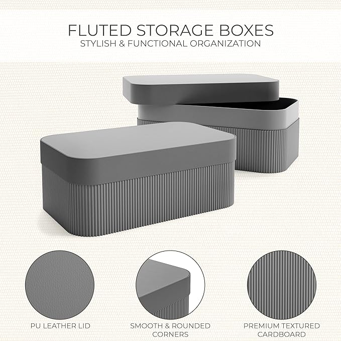 Decorative Storage Boxes with Lids – Set of 2 Beautiful Fluted Cardboard Organizer Bins for Your Home Bookshelf Decor to Safely Store Your Documents, Memory Box Items and Other Keepsakes in Style