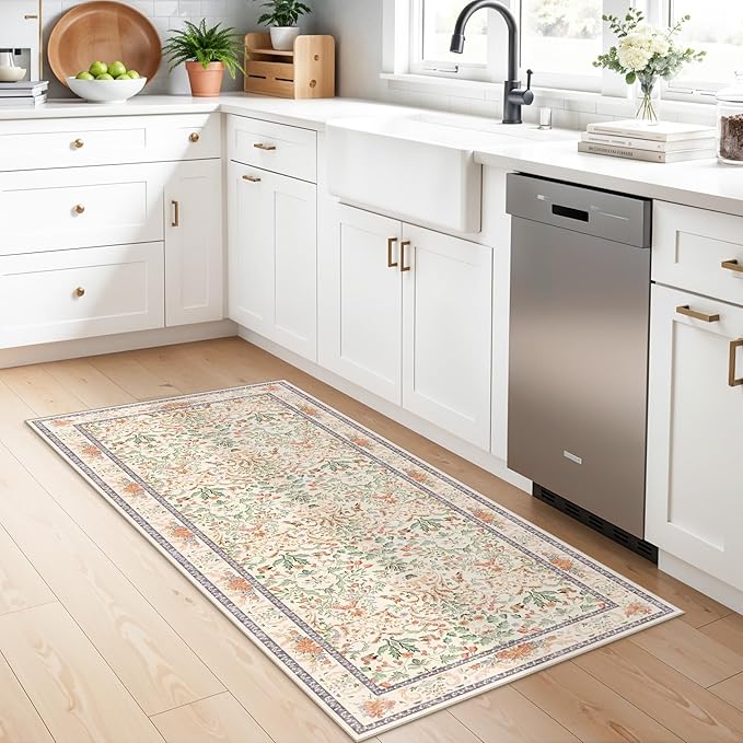 2x5 Non-Slip Washable Runner Rug –Botanical Vintage Florals Small Rug for Hallway, Kitchen, Bathroom, Bedroom, Entryway, Laundry Room – Thin Soft Low-Pile Rubber Backing (Cream, 2x5)