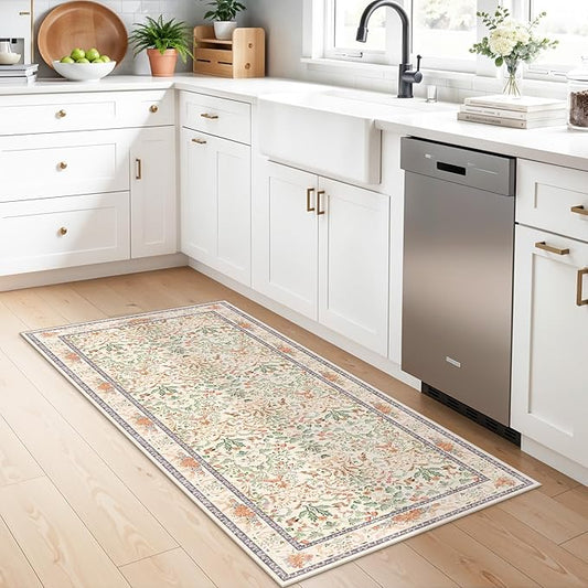 2x3 Entryway Rug Washable Non-Slip - Soft Low Pile Botanical Small Area Rug for Kitchen Bedroom - Boho Floral Indoor Door Mat with Rubber Backing (Cream, 2x3)