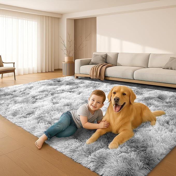 Large 9x12 Area Rug for Living Room, Soft Shag Rugs for Bedroom, Non-Slip Ultra Fluffy Rug,Modern Plush Carpet for Girls Boys Kids Room Dorm,Fuzzy Rug for Home Decor Aesthetic,Tie-Dyed Grey