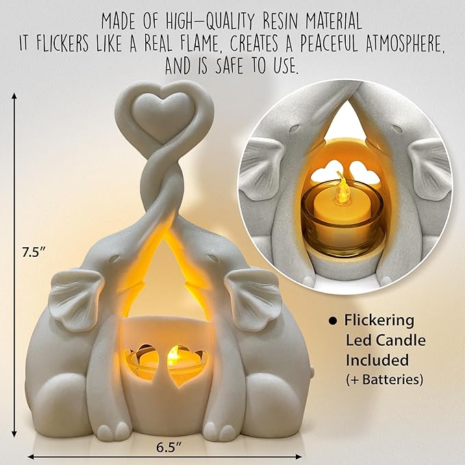 Elephant Love Candle Holder Statue - Elegant Gift Home Decor for Women Living Room or Bedroom - Flickering LED Candle Included - Ivory 14th Anniversary, Couples, Parents Valentine's Present