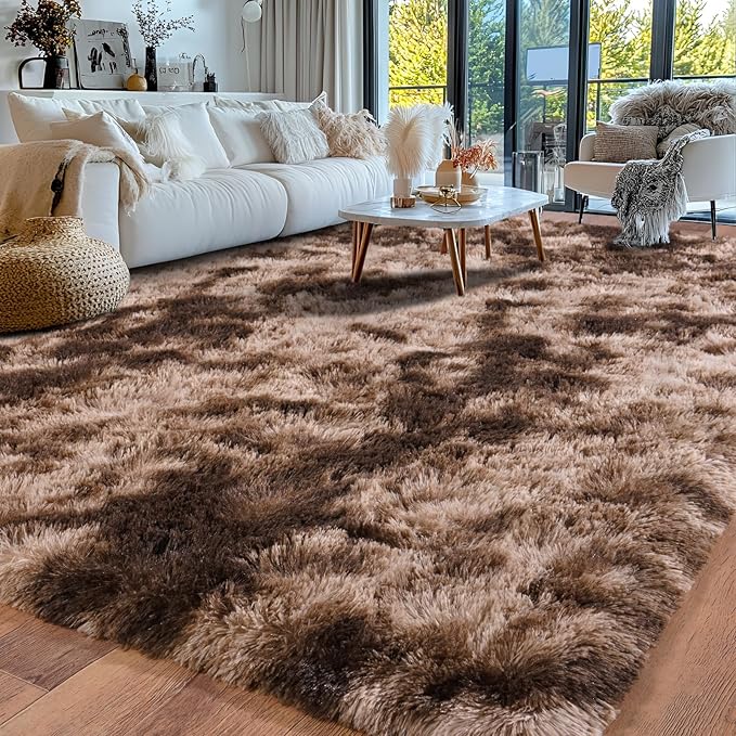 Area Rugs for Living Room 6x9, Ultra Soft Fluffy Rug for Bedroom, Modern Shaggy Carpets Fuzzy Rug for Girls Boys Room Home Indoor Nursery Teens Dorm Decor, Upgrade Non-Slip Durable, Tie Dyed Brown